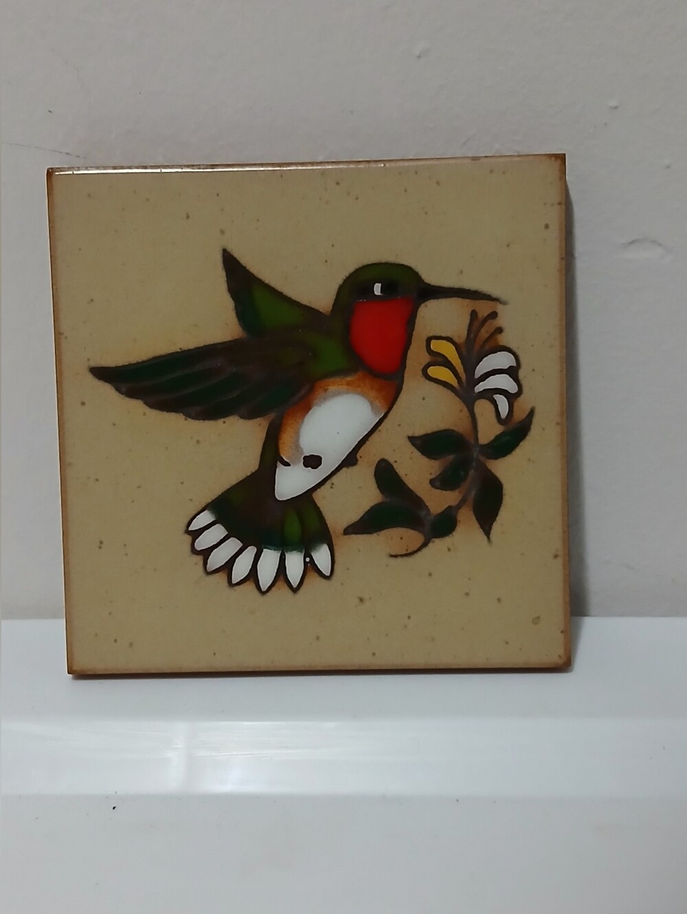 Cleo Teissedre Hand Painted Hummingbird & Flower Tile Trivet 4x4 Inch